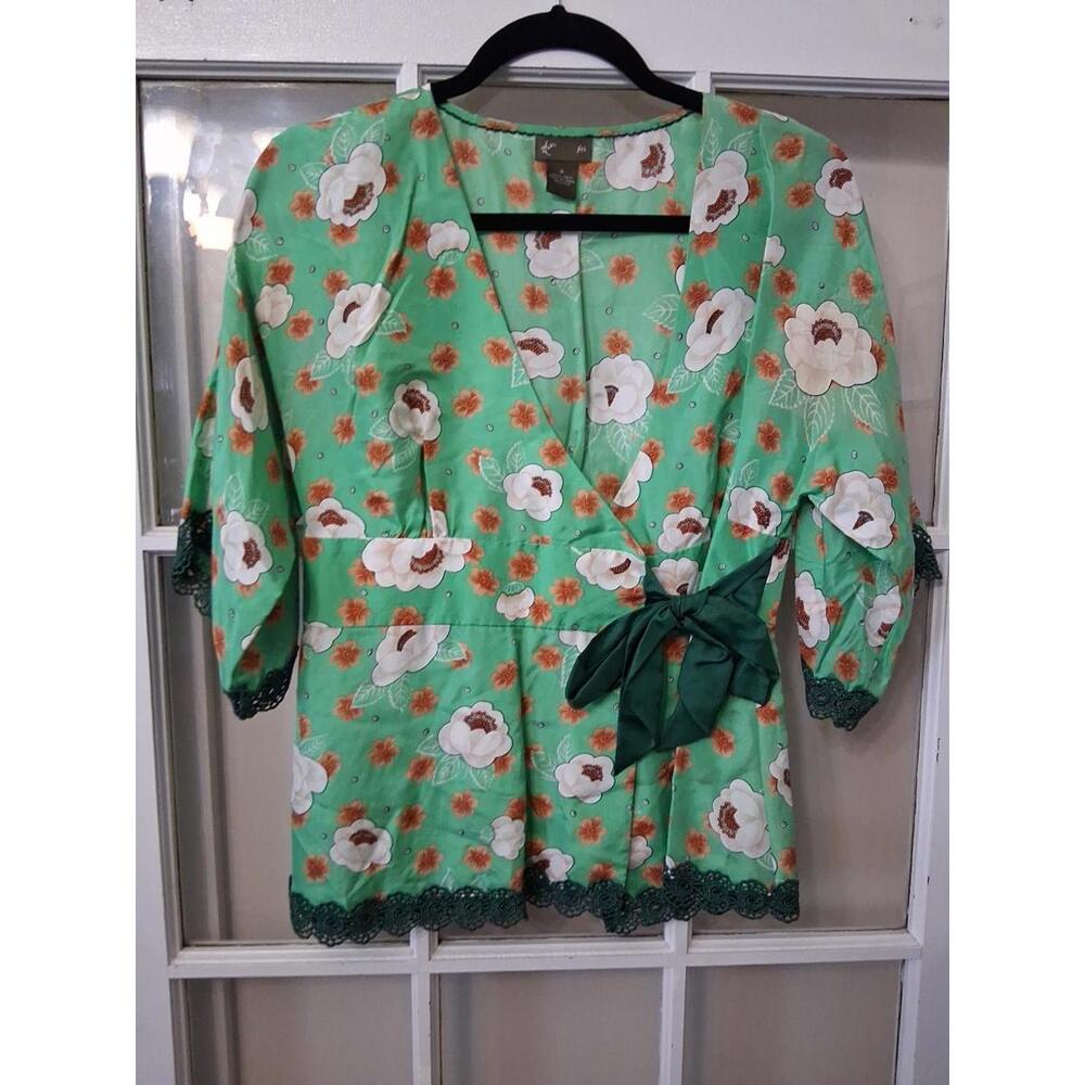 FEI 100% Silk Blouse SZ 4, SML Floral Flutter Short-Sleeves Open Front